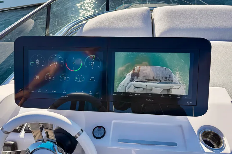  Yacht Photos Pics Dashboard of 2024 Azimut Fly 53 yacht with dual Garmin displays.