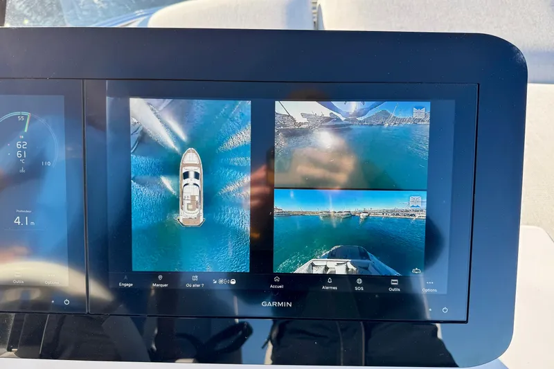  Yacht Photos Pics Garmin display on 2024 Azimut Fly 53 yacht showing navigation and camera views.