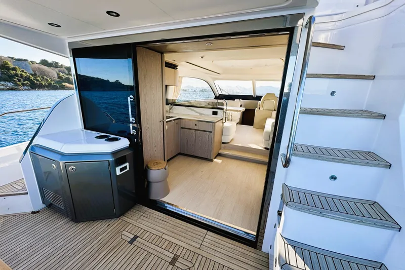  Yacht Photos Pics 2024 Azimut Fly 53 yacht interior with modern design and scenic ocean view.