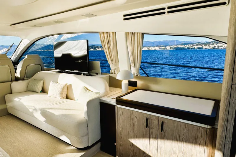  Yacht Photos Pics Luxurious interior of 2024 Azimut Fly 53 yacht with ocean view.