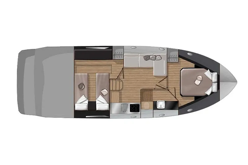  Yacht Photos Pics 2024 Sessa Marine C38 yacht floor plan with two bedrooms and a central living area.