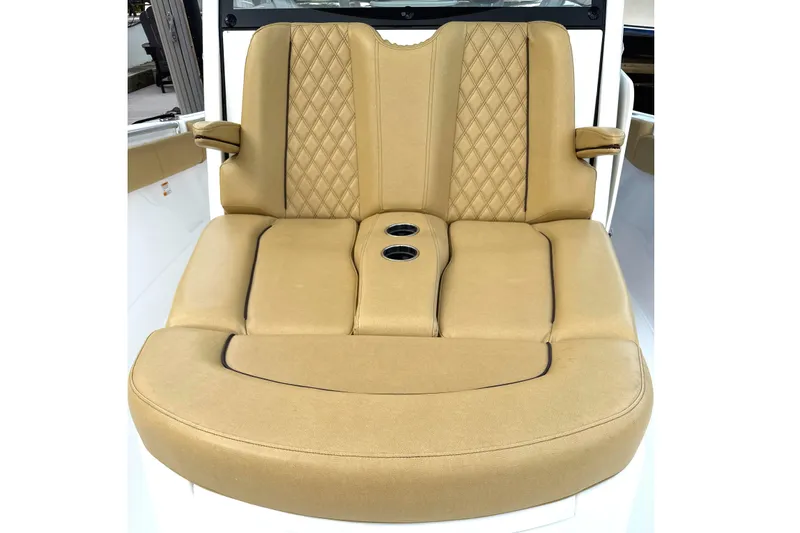 Scungilli Yacht Photos Pics Luxurious tan seating on 2023 Sportsman Open 352 Center Console boat.