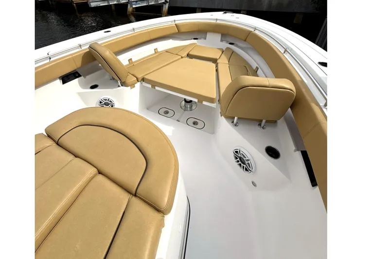 Scungilli Yacht Photos Pics 2023 Sportsman Open 352 Center Console with tan seating and spacious deck layout.