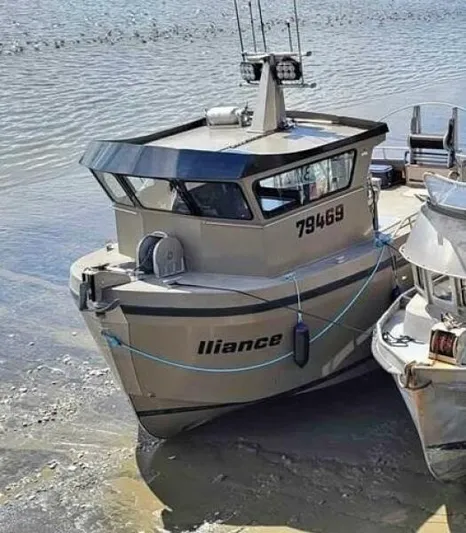 Alliance Yacht Photos Pics Custom Freestyle Marine 32 boat, 2022 model, docked in shallow water.
