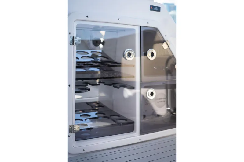  Yacht Photos Pics Modern Hanover 375 yacht interior with sleek storage compartments, 2026 model.