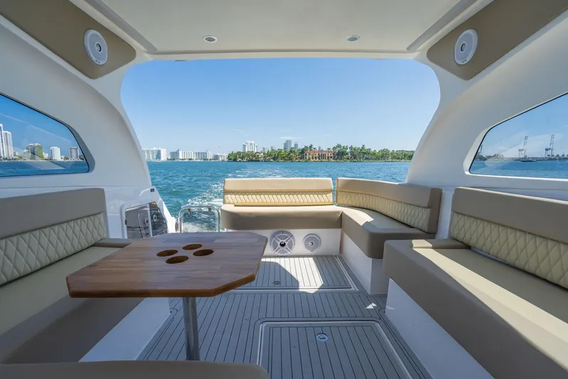  Yacht Photos Pics Luxurious interior of 2026 Hanover 375 yacht with scenic ocean view.