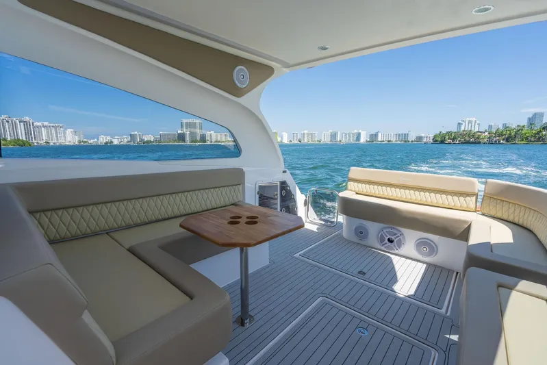  Yacht Photos Pics Luxurious Hanover 375 yacht interior with city skyline view, 2026 model.