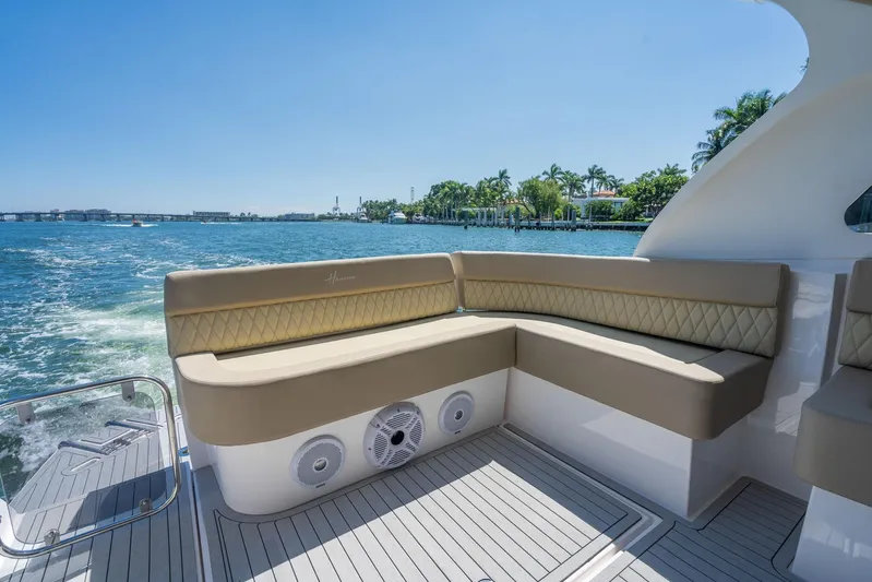  Yacht Photos Pics Luxurious seating on 2026 Hanover 375 yacht with scenic ocean view.