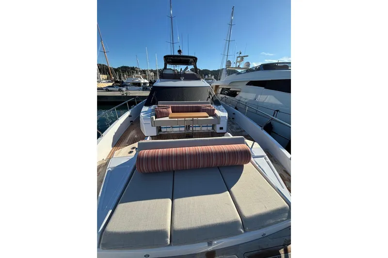  Yacht Photos Pics Luxurious 2025 Ferretti Yachts 720 with spacious deck and elegant seating.