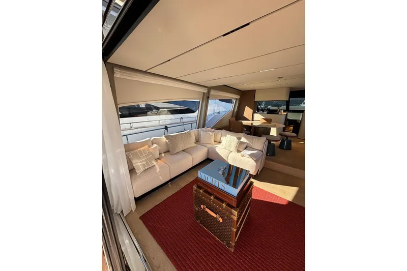  Yacht Photos Pics Luxurious interior of 2025 Ferretti Yachts 720 with elegant seating and modern decor.
