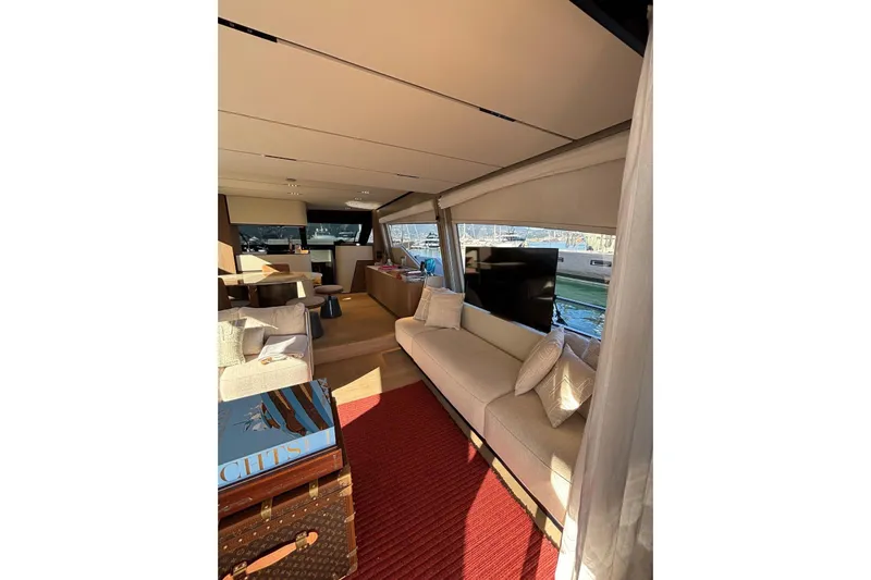  Yacht Photos Pics Luxurious interior of 2025 Ferretti Yachts 720 with elegant seating and modern decor.