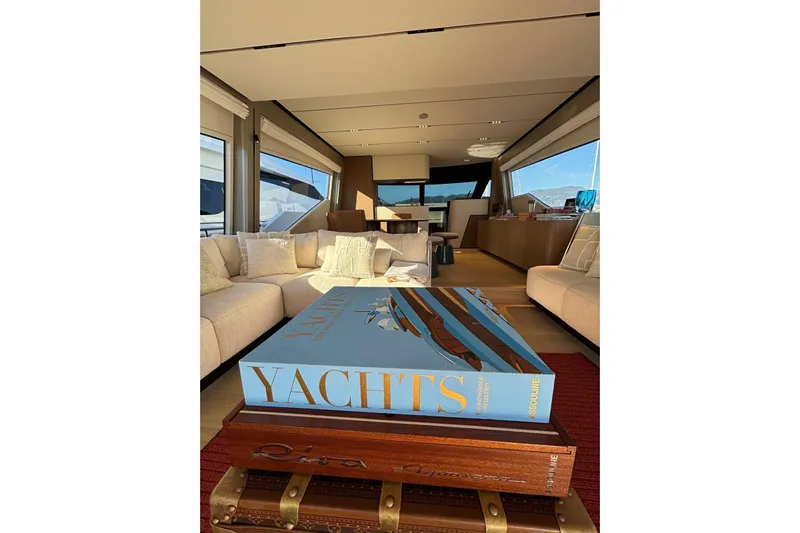  Yacht Photos Pics Luxurious interior of 2025 Ferretti Yachts 720 with elegant seating and decor.
