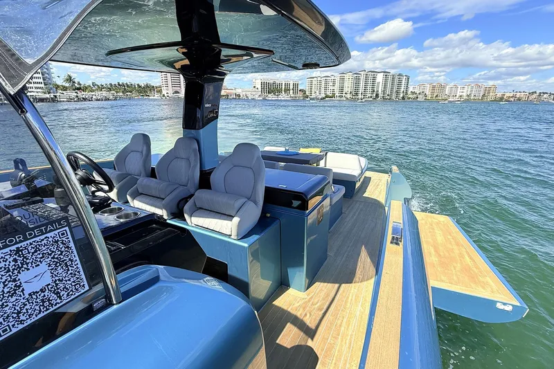  Yacht Photos Pics Luxurious 2022 Solaris Power 44 yacht interior with plush seating on open water.