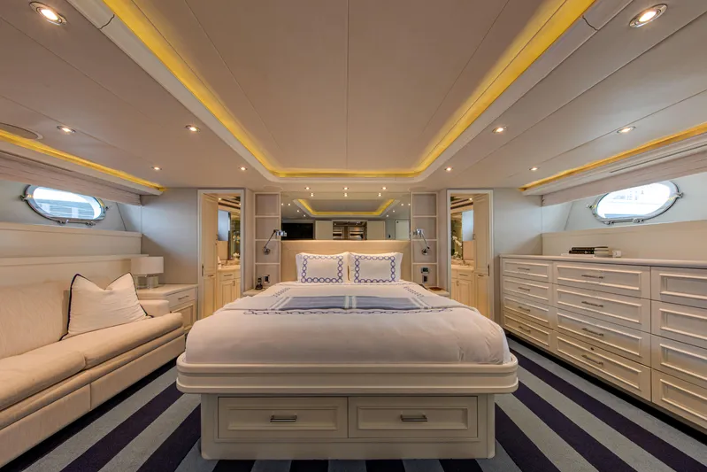 Spirit Yacht Photos Pics Luxurious master bedroom on a 2010 Westport 112 yacht with elegant lighting and modern decor.