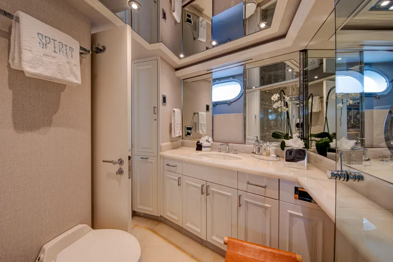 Spirit Yacht Photos Pics Luxurious bathroom in a 2010 Westport 112 yacht with elegant fixtures and ample lighting.