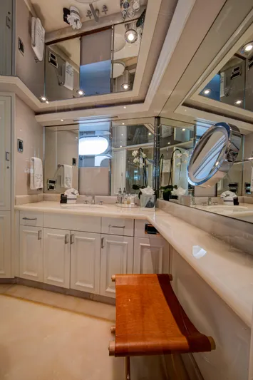 Spirit Yacht Photos Pics Luxurious bathroom in a 2010 Westport 112 yacht with elegant fixtures and ample counter space.