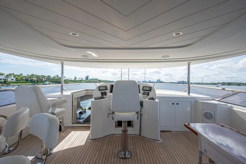 Spirit Yacht Photos Pics Flybridge helm station of 2010 Westport 112 yacht with panoramic water views.