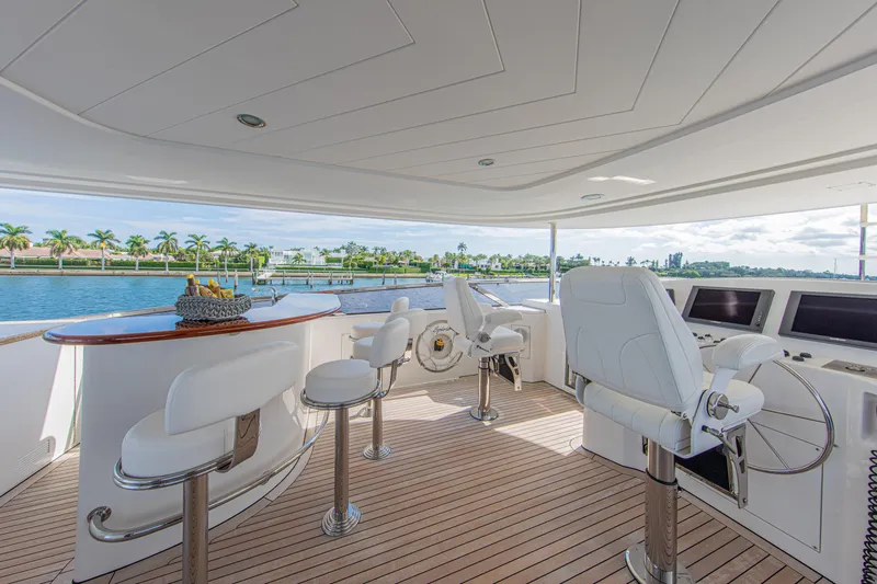 Spirit Yacht Photos Pics Luxurious helm station on a 2010 Westport 112 yacht with waterfront view.