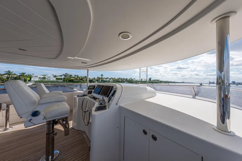 Spirit Yacht Photos Pics Flybridge helm station on a 2010 Westport 112 yacht with panoramic water views.