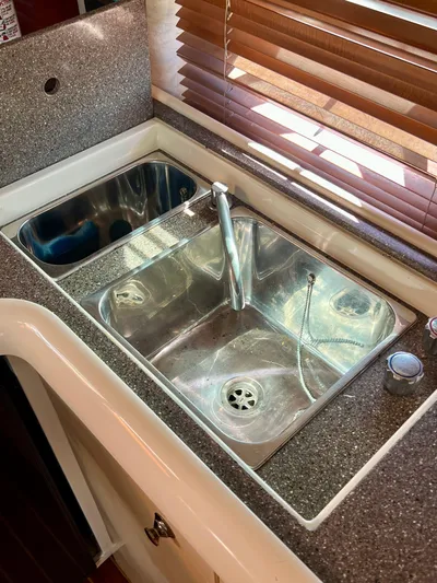  Yacht Photos Pics Stainless steel sink in 1999 Fairline Targa 48 Open yacht kitchen.