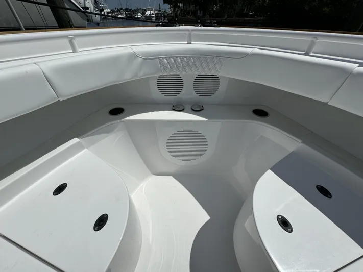  Yacht Photos Pics Spacious seating area on a 2025 Phenom 37 boat, featuring sleek white design.