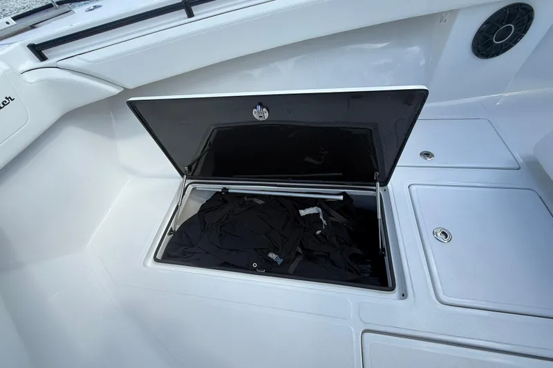  Yacht Photos Pics Open storage compartment on 2024 SeaHunter 35 Tournament boat deck.