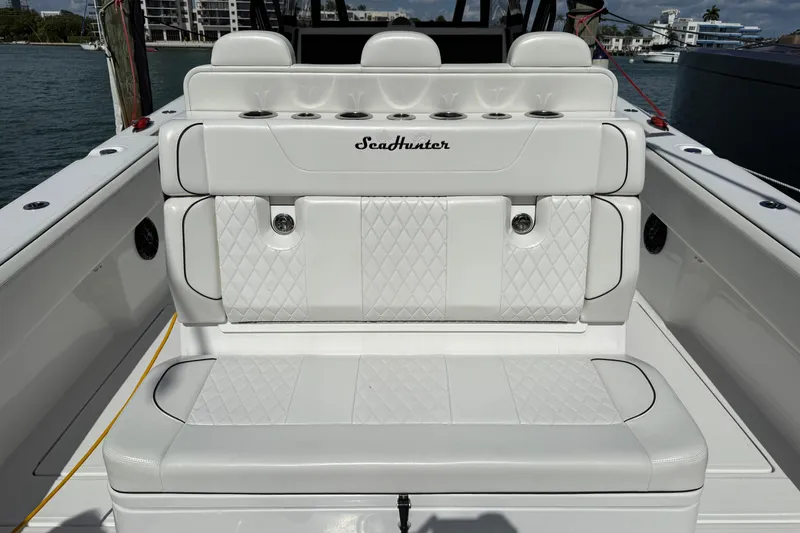  Yacht Photos Pics 2024 SeaHunter 35 Tournament boat with luxurious white seating and diamond stitching.