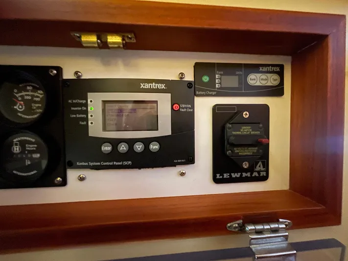 Endurance Yacht Photos Pics Control panel of a 2006 Duffy Pilothouse Fast Trawler with Xantrex and Lewmar systems.