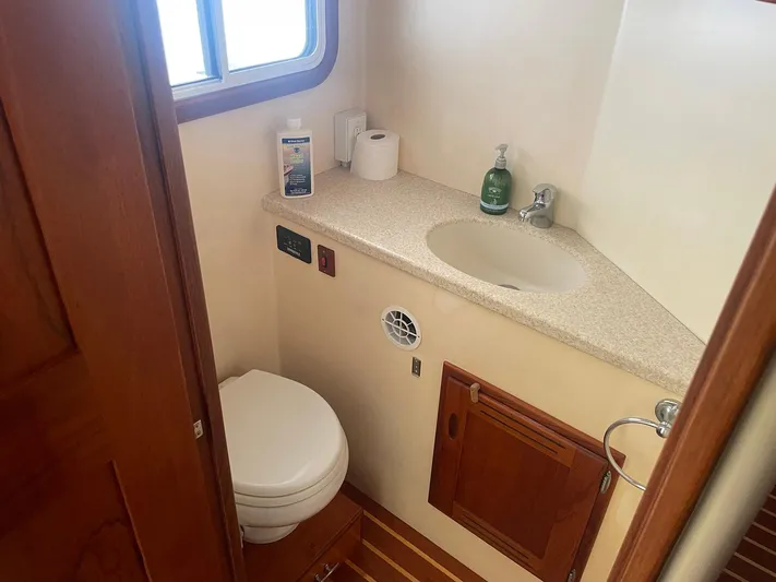 Endurance Yacht Photos Pics 2006 Duffy Pilothouse Fast Trawler bathroom with sink, toilet, and wooden cabinetry.