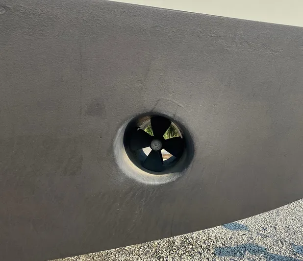 Endurance Yacht Photos Pics Bow thruster on 2006 Duffy Pilothouse Fast Trawler hull, close-up view.