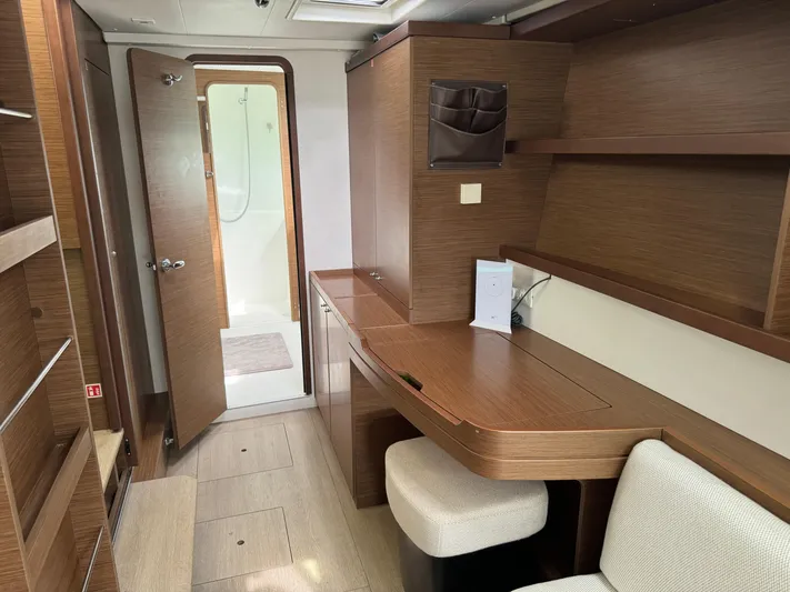 Solace Yacht Photos Pics Interior of 2020 Lagoon 42 yacht with wooden furnishings and modern design.