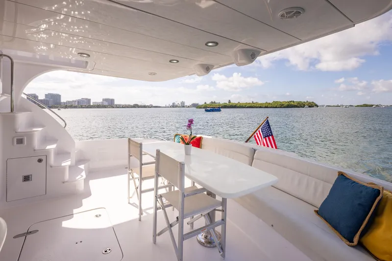 Starka Yacht Photos Pics Luxurious 2009 Hatteras 64 Motor Yacht deck with seating, table, and scenic water view.