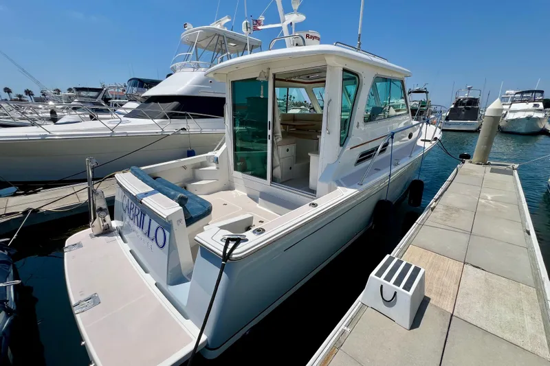 Cabrillo Yacht Photos Pics 2008 Back Cove 33 Express docked at marina under clear blue sky.