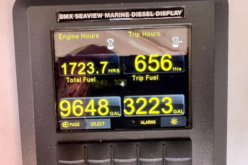 Cabrillo Yacht Photos Pics SMX Seaview marine diesel display showing engine and trip hours, fuel usage. Back Cove 33 Express 2008.