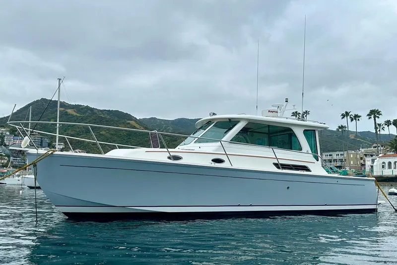 Cabrillo Yacht Photos Pics 2008 Back Cove 33 Express yacht anchored in scenic harbor with hills and palm trees.