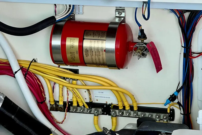 Cabrillo Yacht Photos Pics Electrical wiring and fire extinguisher system in a 2008 Back Cove 33 Express boat.