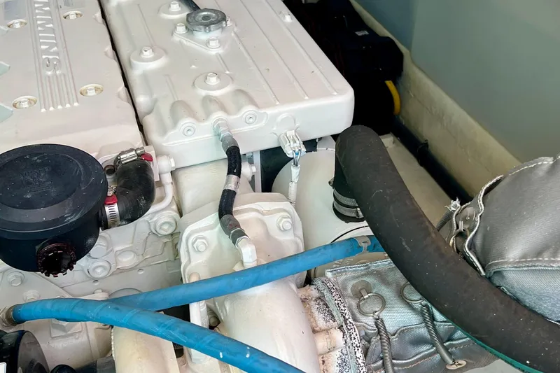 Cabrillo Yacht Photos Pics Engine compartment of 2008 Back Cove 33 Express boat, featuring Cummins components.