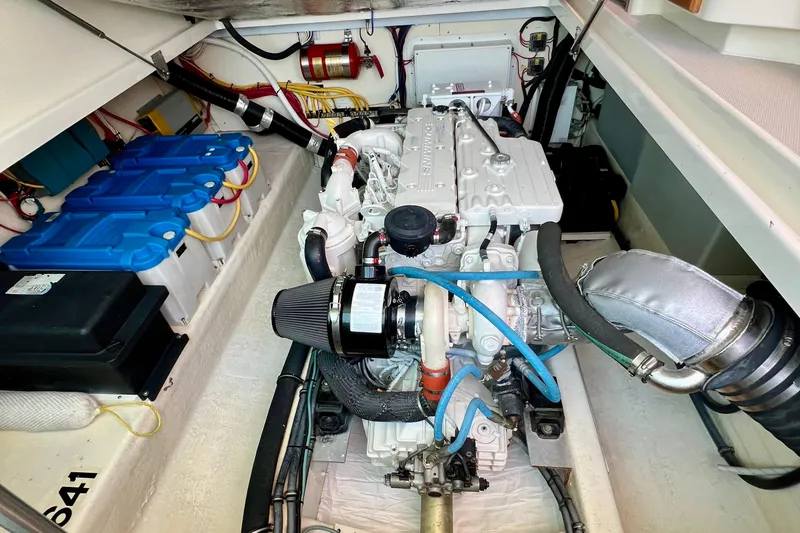 Cabrillo Yacht Photos Pics Engine compartment of 2008 Back Cove 33 Express with visible components and wiring.