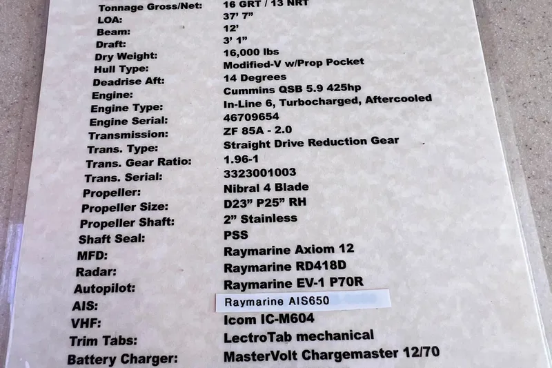 Cabrillo Yacht Photos Pics Specifications plaque for a 2008 Back Cove 33 Express boat, detailing engine and equipment.