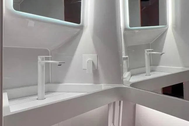 Manda 07 Yacht Photos Pics Luxurious bathroom interior of 2024 Frauscher 1414 Demon Air yacht.