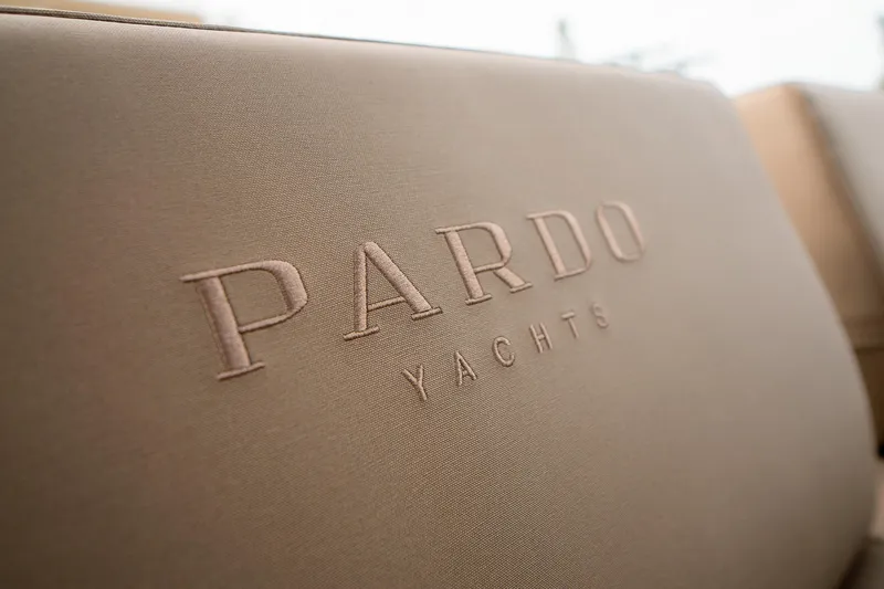  Yacht Photos Pics Embossed Pardo Yachts logo on 2024 P43 model seat upholstery.