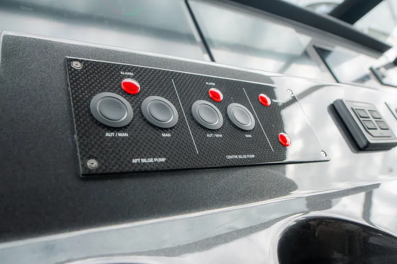  Yacht Photos Pics Control panel of 2024 Pardo Yachts P43, featuring bilge pump switches and alarms.