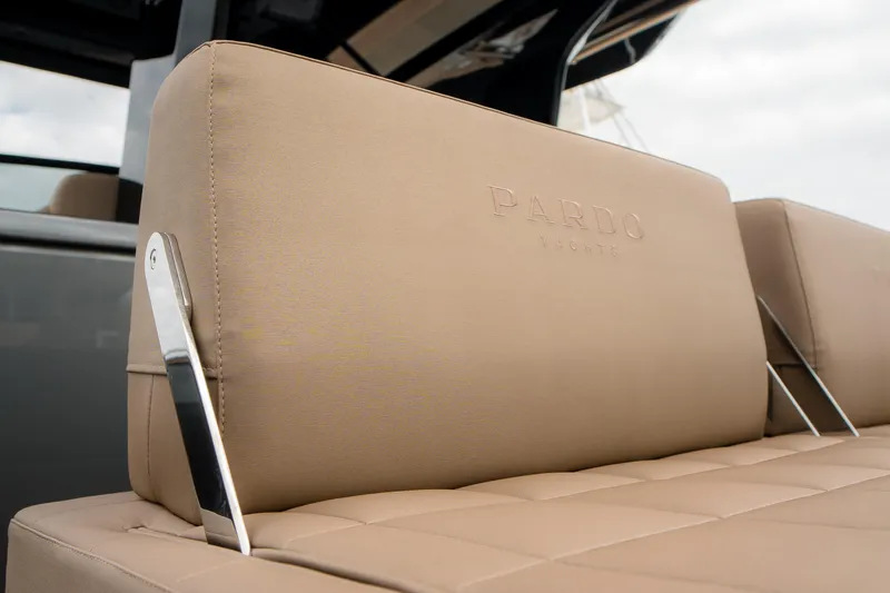  Yacht Photos Pics 2024 Pardo Yachts P43 luxury seating detail with embossed logo.