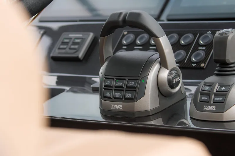  Yacht Photos Pics Control panel of 2024 Pardo Yachts P43 featuring Volvo Penta throttle and joystick.