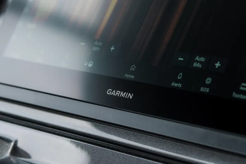  Yacht Photos Pics Garmin display on 2024 Pardo Yachts P43 dashboard, featuring navigation controls.