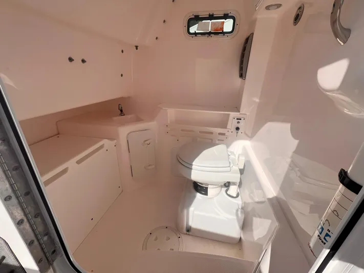  Yacht Photos Pics Interior of 2015 Everglades 295 Pilot boat, featuring a compact marine toilet.