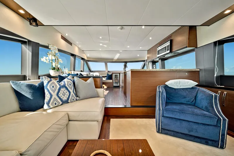 West Yacht Photos Pics Luxurious interior of 2017 Hatteras 60 Motor Yacht with modern furnishings and panoramic windows.