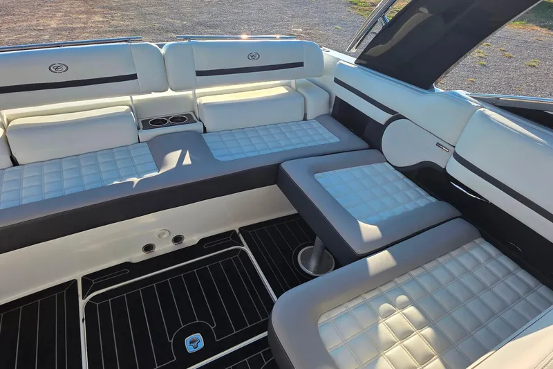  Yacht Photos Pics Luxurious interior of 2023 Cobalt R30 boat with plush seating and modern design.
