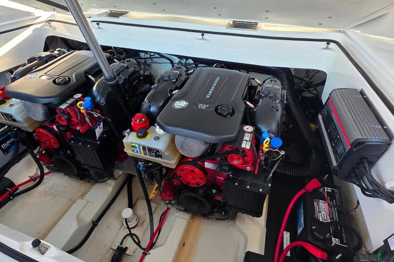  Yacht Photos Pics 2023 Cobalt R30 engine compartment with dual Volvo Penta engines and battery system.