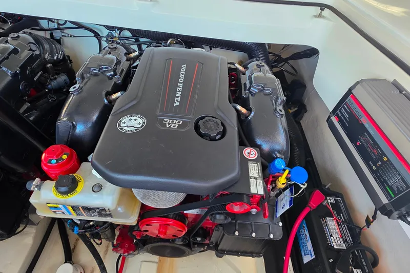  Yacht Photos Pics 2023 Cobalt R30 engine compartment featuring Volvo Penta 300 V8 engine.